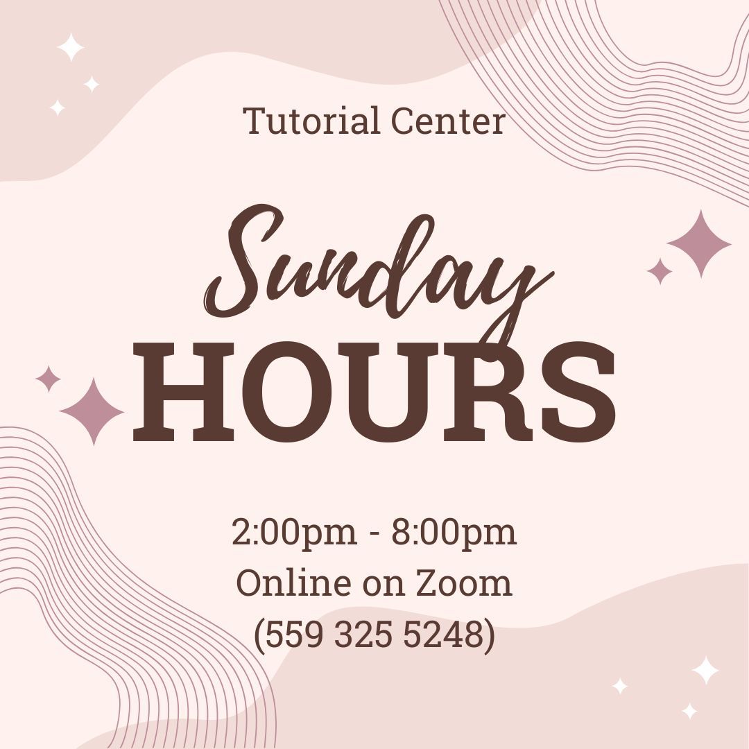 The Tutorial Center has Sunday hours online! 

If you need help with any assignments or papers, feel free to swing by during our Zoom hours from 2:00pm - 8:00pm.

@ClovisCCC
#hours #clovistutorialcenter #cloviscommunitycollege