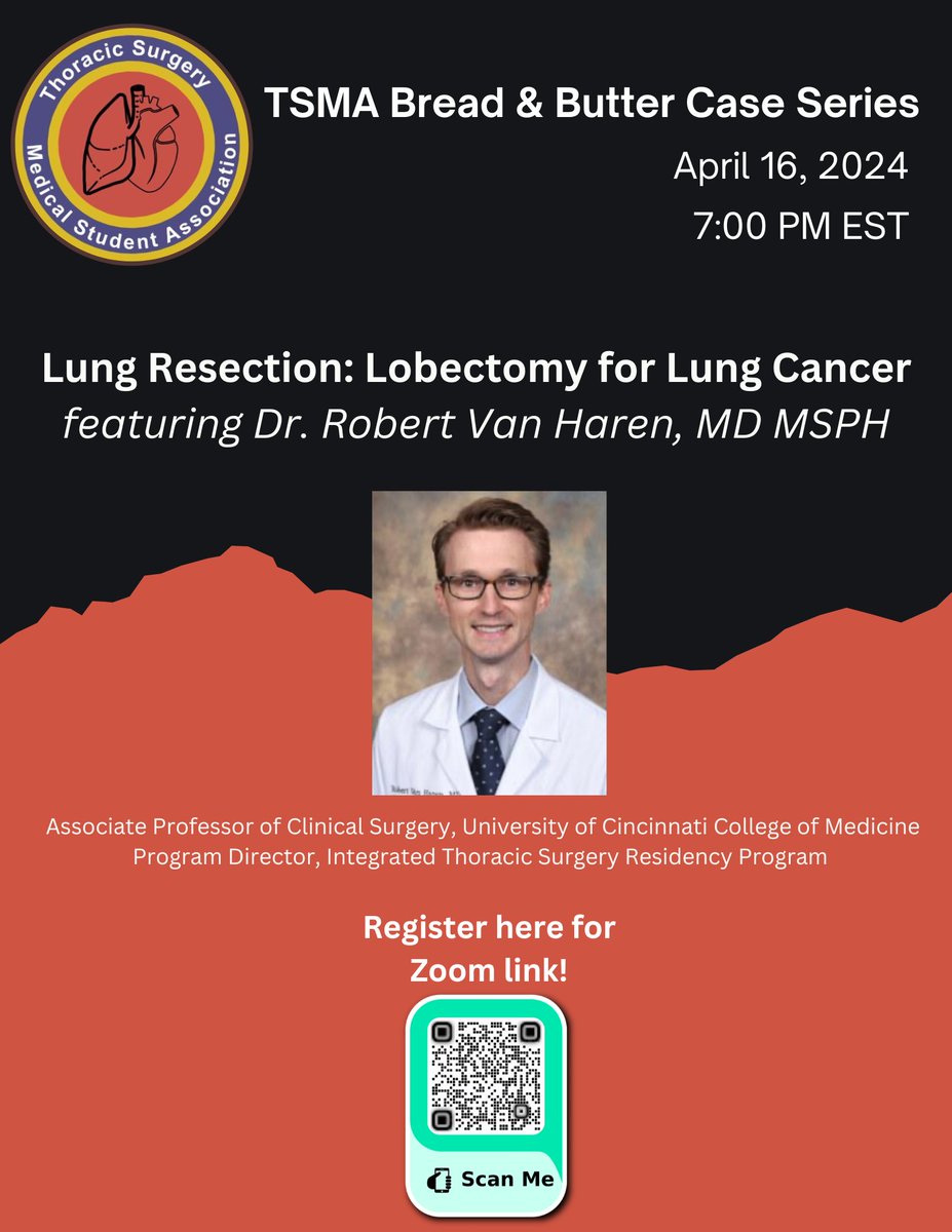 🚨 Join us TONIGHT for the next installment of our Bread and Butter Case Series! Explore Lung Resection: Lobectomy for Lung Cancer 🫁 with <a href="/rvanharen/">Robert Van Haren, MD</a> from <a href="/UCincyMedicine/">UC College of Medicine</a>.  
Sign up now at tinyurl.com/TSMA-Lobectomy!  #ThoracicSurgery