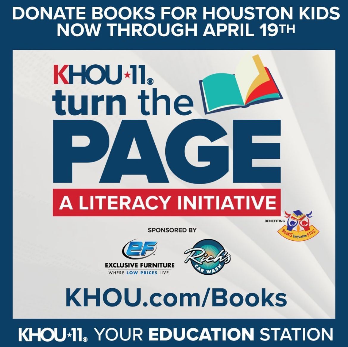 📣 The @KHOU Turn the Page Book Drive, benefitting @BooksBtnKids, is happening now! Stop by the bookshop through April 19 to drop off new & gently used books for elementary-aged readers. You can also purchase books to donate or make a monetary donation! khou.com/article/news/e…
