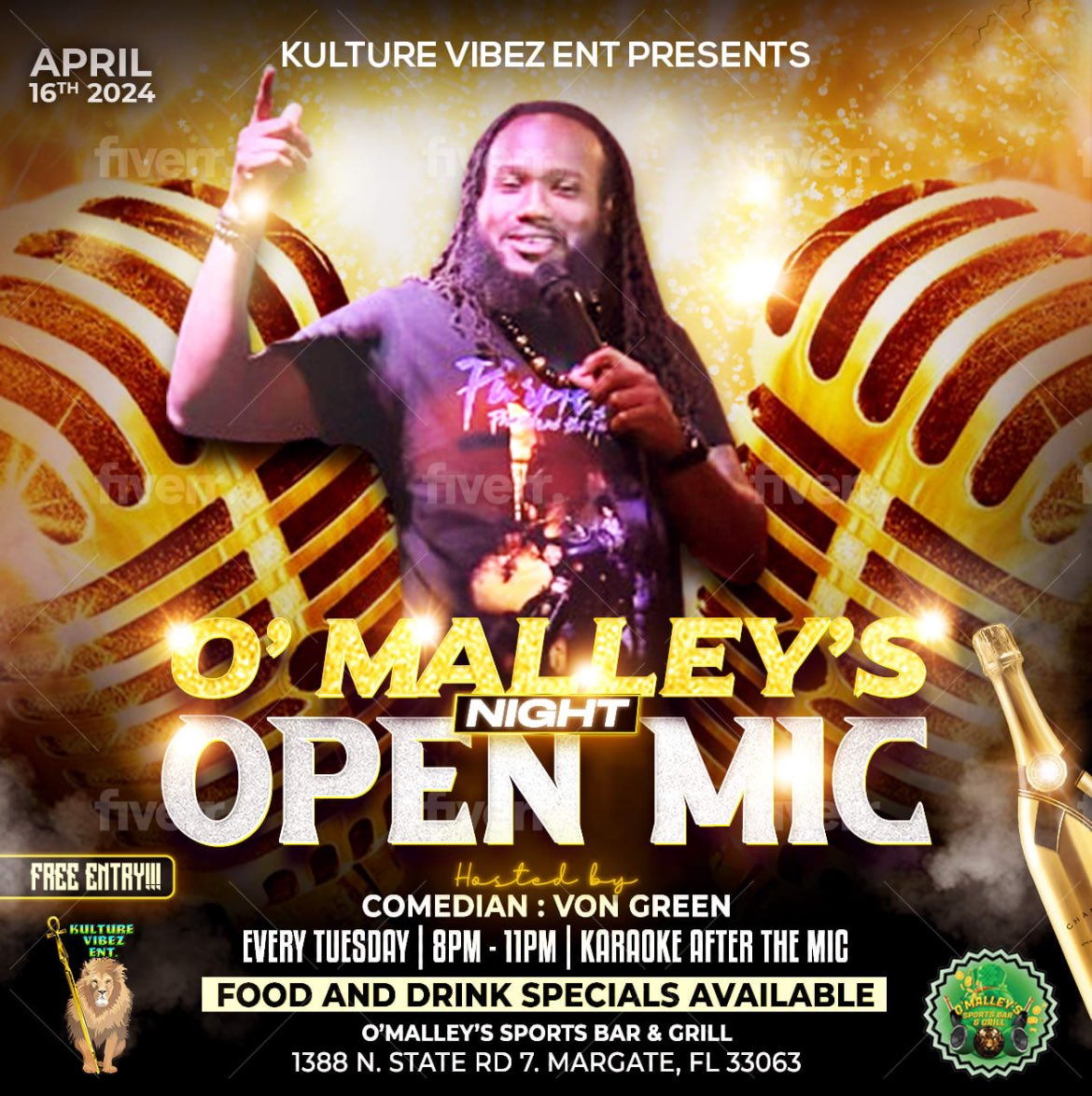 SirVon954's tweet photo. 🚨TONIGHT🚨 @omalleysmargate Open Mic Night. Food, drinks, live entertainment, All Thee Vibez on a Tuesday Night! 🔥 🕺🏾 🎤
#openmic #soflo #talent #comedy #music #poetry #allarts #margate #nightlife https://t.co/t3Jbq0RqAP