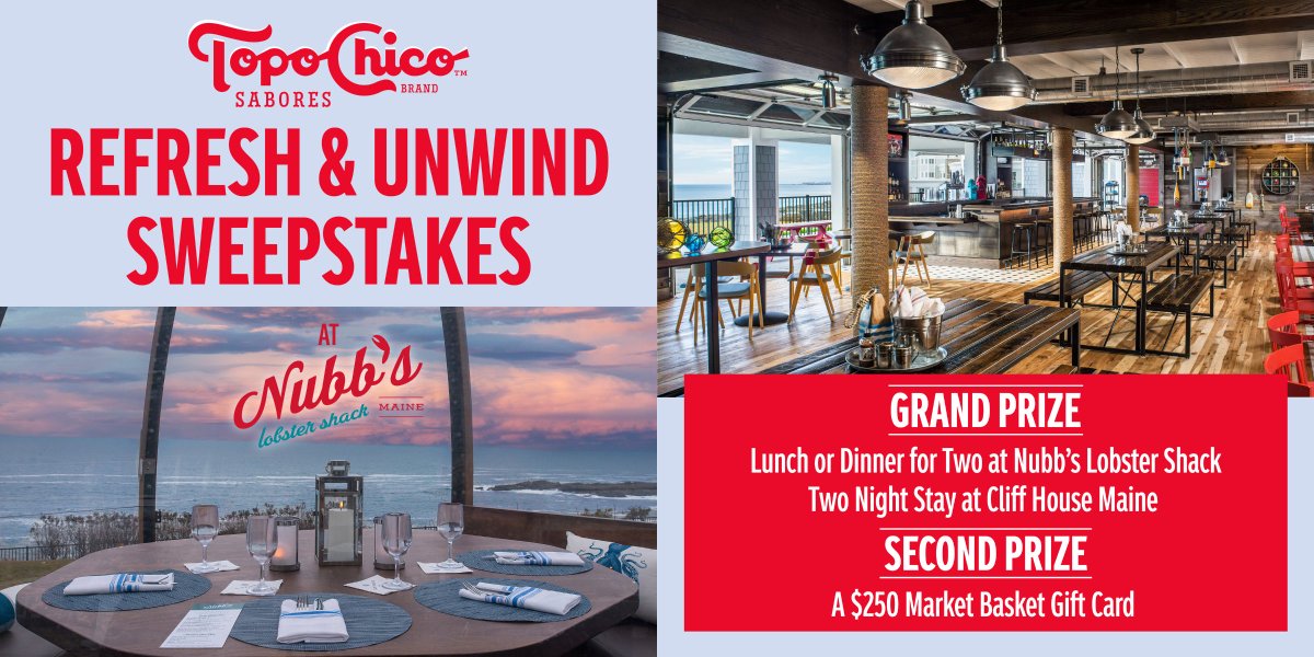 Get ready to Refresh and Unwind with Topo Chico Sabores! One lucky Grand Prize winner will receive a Nubb’s Lobster Shack dining experience at Cliff House Maine plus a stay for 2 guests. Eight Second Prize winners will win a $250 MB Gift Card. Enter at instagram.com/p/C51ArMjuygp