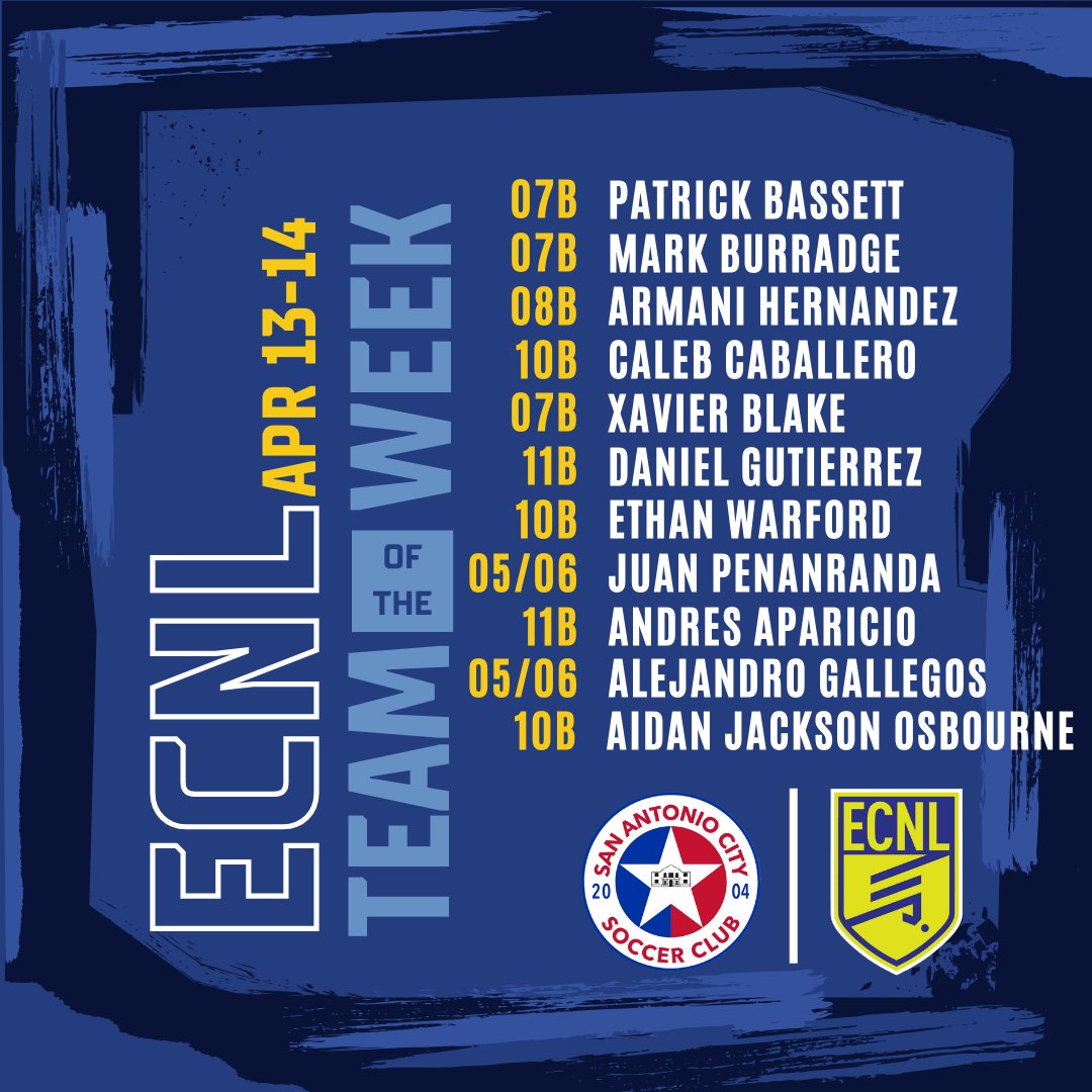 sacitysc's tweet photo. 📢 #TOTW 🌟 Check out the freshest lineup from our ECNL Team of the Week for April 13-14th! Let's applaud the exceptional plays and give a big shoutout to our ECNL Player of the Week, Patrick Bassett! 🌟

#Protect210 #BuildingTheCITY #SACityProud 🔵🔴 https://t.co/7OStpdNOlN
