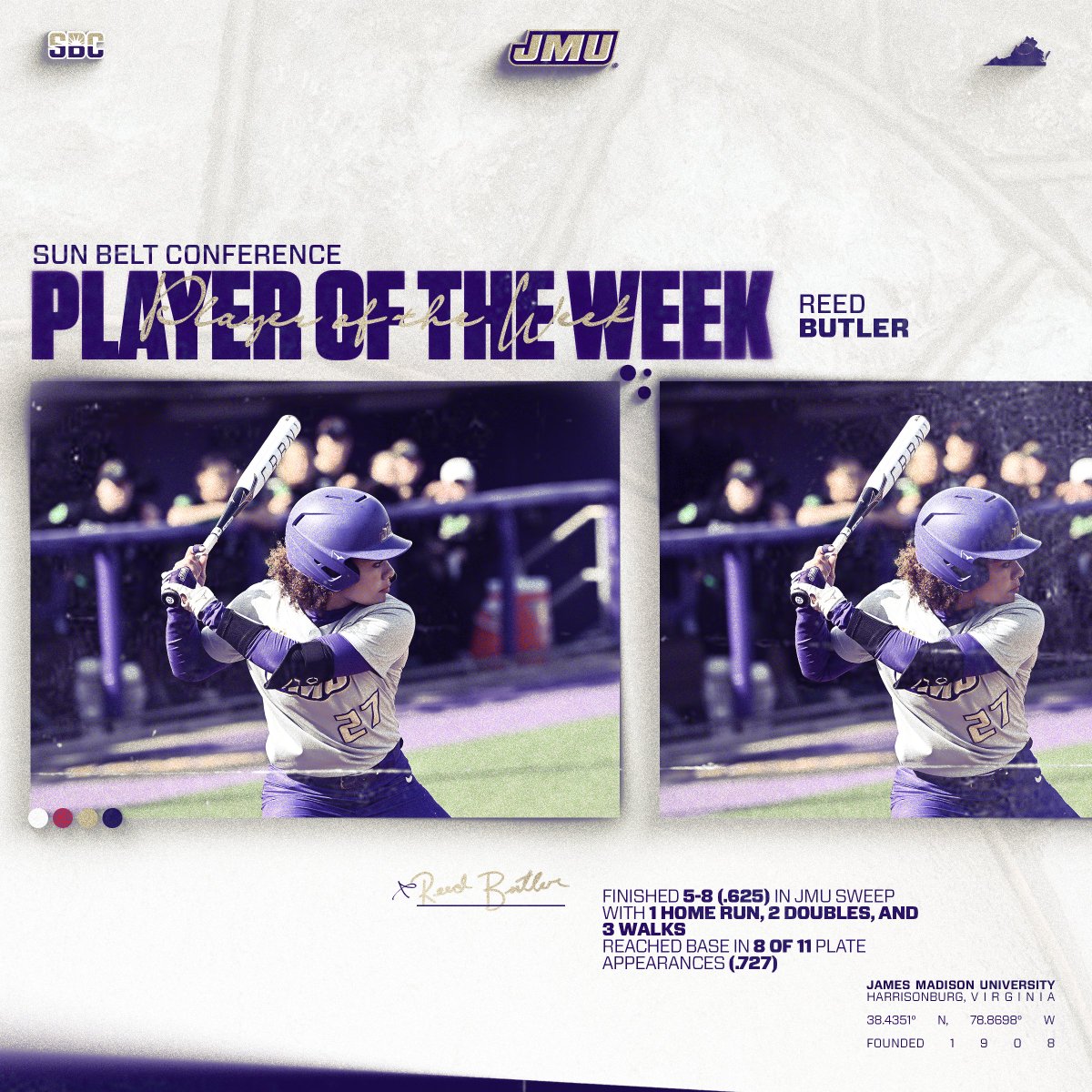 𝐂𝐫𝐨𝐰𝐧 𝐡𝐞𝐫. 👑

Reed Butler is your <a href="/SunBelt/">Sun Belt</a> Player of the Week!

📰 bit.ly/3Q4gt6m

#GoDukes | <a href="/reed27butler/">Reed</a>