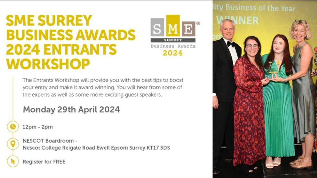The SME Surrey Business Awards 2024 Entrants Workshop is here. Register for FREE to learn some great hints and tips for writing a successful business awards entry. Register by visiting: eventbrite.co.uk/e/sme-surrey-b…