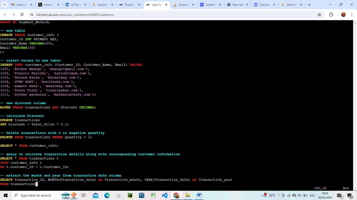 DoreenNangira's tweet photo. How I started my day and how I might finish it.
Are you stuck on any SQL project? Give me a call or write me a message. Maybe I might just convert you to be an SQL follower.
#100DaysOfALXSE  #DataAnalytics #dataengineering 
#relationaldatabases @facesofalxse https://t.co/1GGXnhPGfd