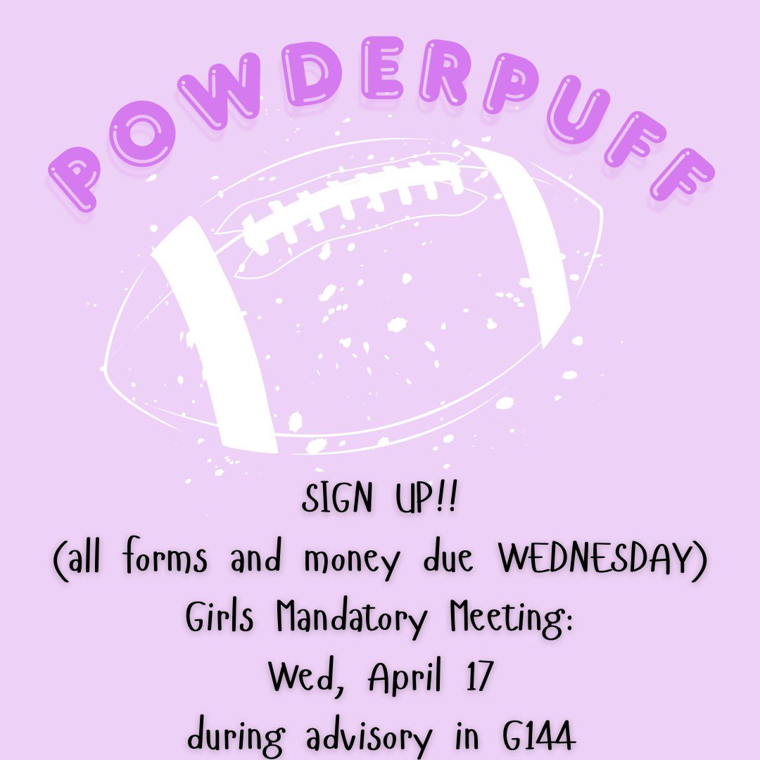 Sign up for powder puff!! All forms and money due on Wednesday! Mandatory meeting in the stuco room on Wednesday! See you all there! #lhsstuco