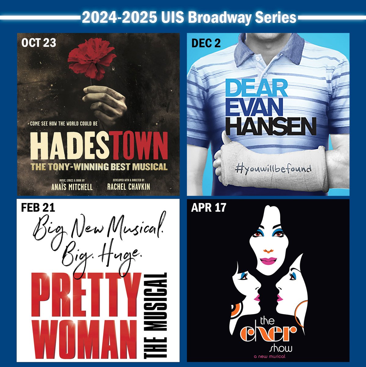 Introducing the electrifying 24.25 Broadway Series, debuting in Springfield with a stellar lineup! Featuring four sensational shows: HADESTOWN, DEAR EVAN HANSEN, PRETTY WOMAN: THE MUSICAL and THE CHER SHOW. Subscriptions on sale June 3rd ► uispac.com/subscribe/