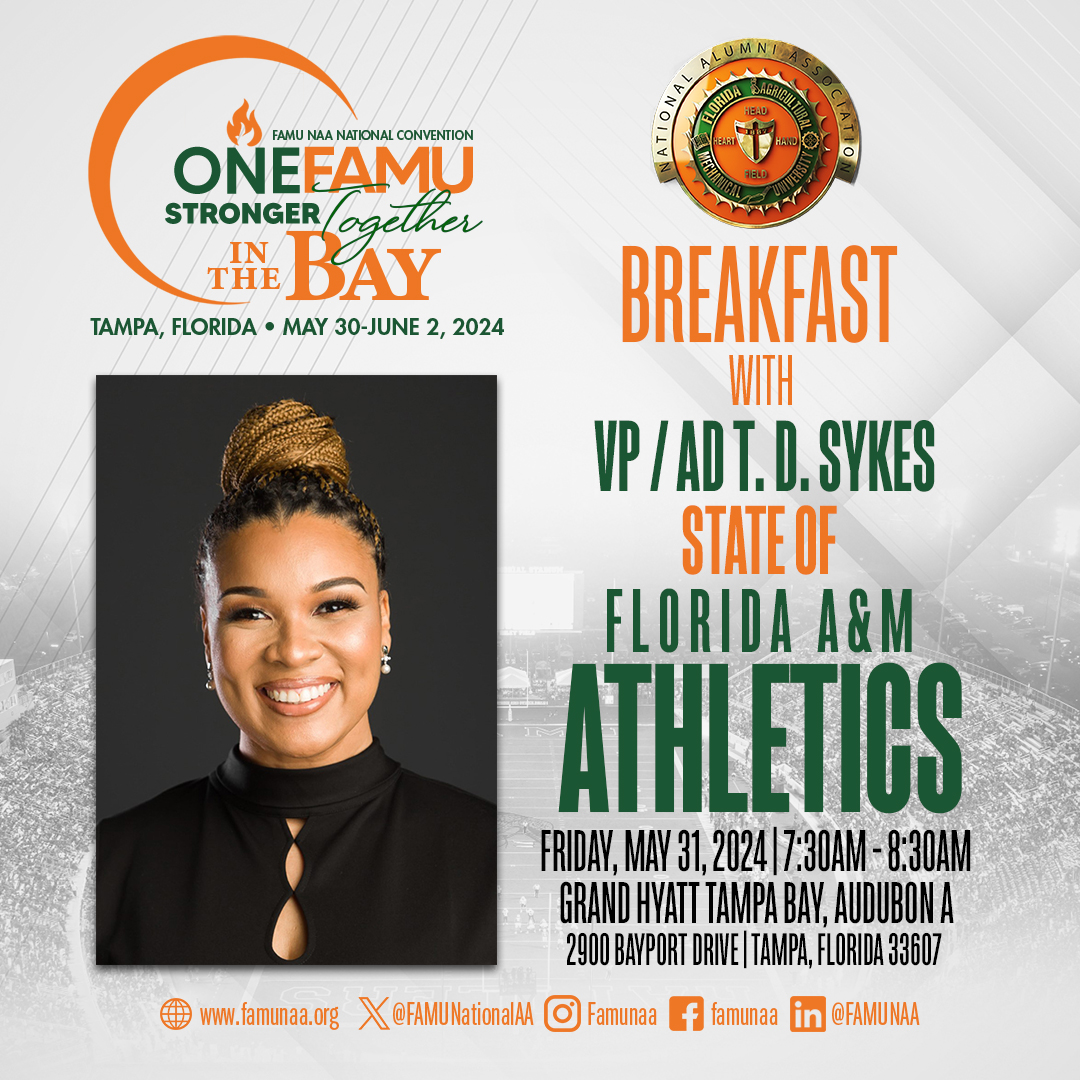 FAMUNationalAA's tweet image. Come join VP / AD Tiffany Dawn Sykes for State of FAMU Athletics Update on Friday May 31, at the Grand Hyatt at 7:30am. Admission is included with registration!

Full convention registration: ow.ly/CupW50RgNxw
Friday events (à la carte): ow.ly/H8fv50RgNxA