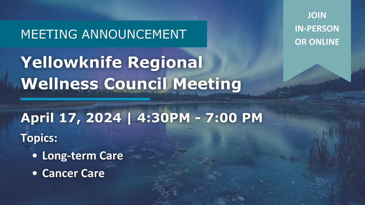 The Yellowknife Regional Wellness Council is holding a meeting that is open to the public.
This meeting is in-person or virtually.

Location: Northern United Place
Video: teams@gnwt.onpexip.com ID: 112 499 0255
Microsoft Teams : 1-867-675-1042
Code: 556 555 457#