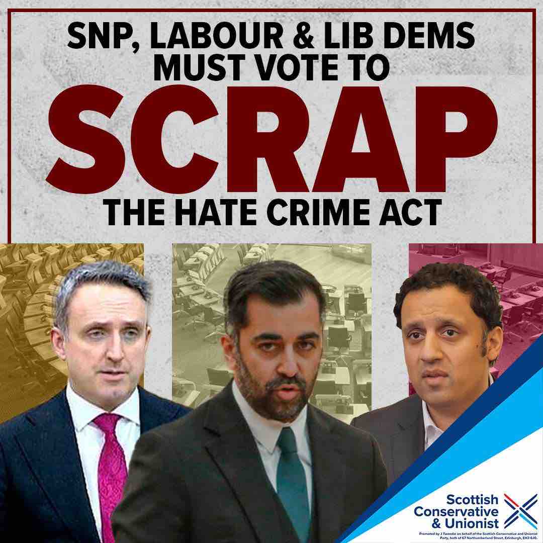 Only the @ScotTories opposed Humza Yousaf’s reckless Hate Crime Bill in Holyrood.

Labour and the LibDems backed the SNP.

Tomorrow, they’ll have a chance to see sense and U-turn. Sign up to our campaign and tell them to scrap the Hate Crime Act: action.scottishconservatives.com/scrap-snp-hate…