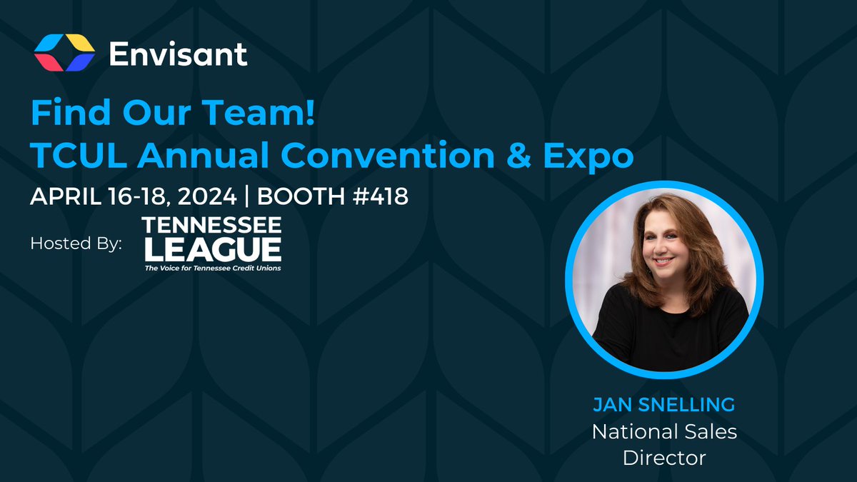 Are you at the @TNCULeague's Annual Convention & Expo? Our team wants to meet YOU! ✨ Stop by Booth 418 to meet the fantastic Jan Snelling and learn how Envisant can help you 🌟 #AchieveYourVision! Will we see you there?