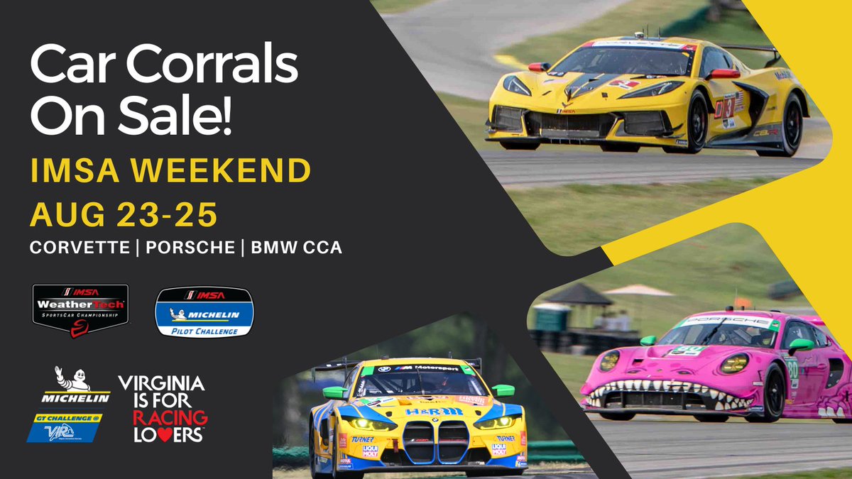 Get revved up for the ultimate #IMSA experience! Purchase your car corral tickets now for an unforgettable weekend of racing at VIR! 🏁 #MichelinVIR #LoveVA 🎟️: ow.ly/YQkl50Rhf2G @IMSA / @MichelinRaceUSA / @VisitVirginia