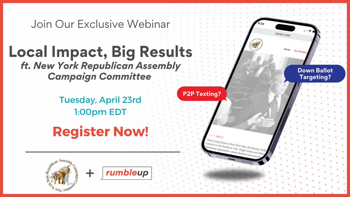 Join us for an engaging lunch time chat with Scott Jordan and Nick Wilock of the @NYRACC discussing how they use P2P texting to have a big impact down-ballot.

Don't miss out on this exclusive webinar - this is your chance to delve into P2P texting strategies that inspire voters…