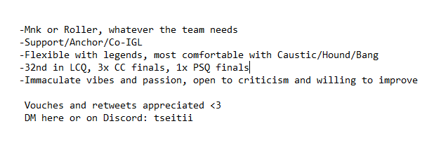 With fokarn retiring, I'll be LF1/LFT for comp 
#24 in Split 1 CC with 1070pts, missed PLQ by a couple points due to a roster change