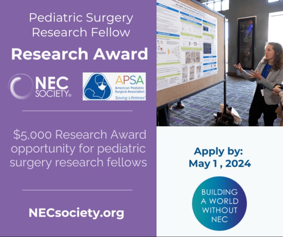 The NEC Society & APSA are excited to announce a $5,000 Research Award opportunity for pediatric surgery research fellows working to accelerate NEC research! Applications are due May 1, 2024 at 5 PM PT. Learn more here: buff.ly/4aN0x06