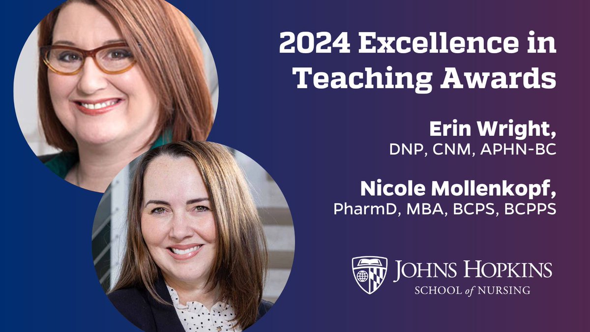 Congratulations Dr. Erin Wright & @nursingpharm on receiving the 2024 #JHSON Excellence in Teaching Award! This student-voted award is given to faculty who demonstrate outstanding teaching skills by @JHU_Alumni. #GoHopNurse
