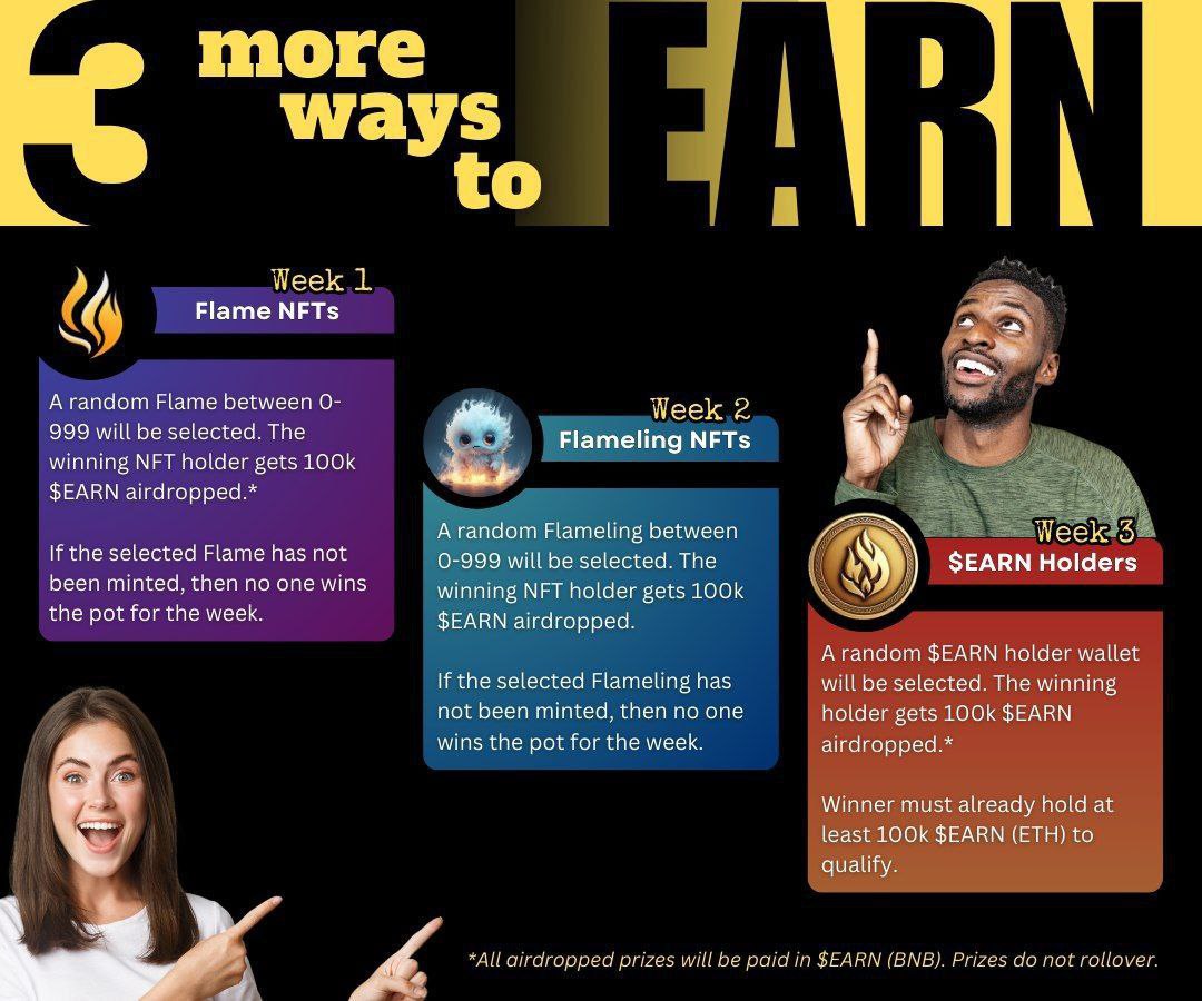 Week 2 coming up next Monday! 👀 Just hold a #FLAMELING NFT in your wallet for a chance to win 100K $EARN! MINT YOUR FLAMELING NFTs BELOW! 👇 flame.buyholdearn.com BUY HOLD $EARN! 🔥 CA: 0x0b61C4f33BCdEF83359ab97673Cb5961c6435F4E #Giveaways #NFTCommmunity #ETH