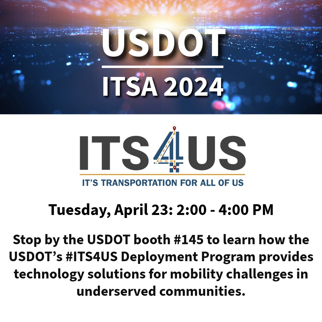 Join #ITS4US at #ITSA during Session SIS39: Reimagining Equitable Mobility in your Community: Perspectives from U.S. DOT Deployments to learn ways to provide more efficient, affordable, and accessible transportation options for underserved communities.
ow.ly/9phX50Rhcz3