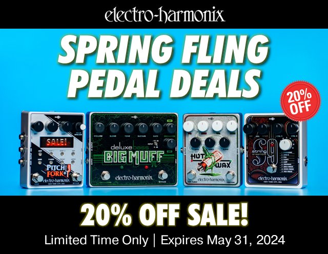 Now at participating dealers, save 20% on a great selection of EHX pedals, including Hot Wax, STRING9, Deluxe Bass Big Muff Pi and more! Learn more at ehx.com/blog/spring-fl… #ehx #guitarpedals #guitargear #guitareffects #electroharmonix #bigmuff