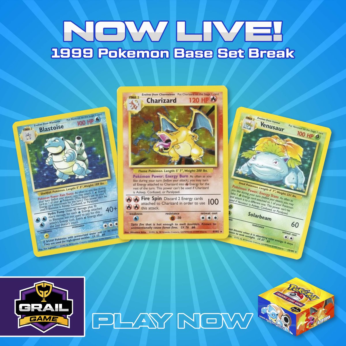 #GrailGamers! #PokémonFans! Pokémon Set Breaks #MysteryBox Game is NOW LIVE!! 🎉 ⁠ Not 1, or 2, but 3 #PokemonCard Set Breaks! (1999 Pokémon Base, 1998 Pokémon Rocket Japanese, and 25th Anniversary Pokémon Celebrations) Plus featuring favorites such as #Blastoise, #Mewtwo,