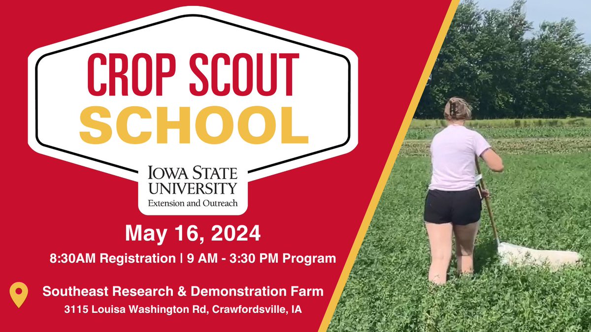 ❗ONE month from today we will be hosting our Crop Scout School at the SE Research Farm. Be sure to reserve your seat today: crops.extension.iastate.edu/2024-crop-scou… #ISUCrops #ScoutSchool