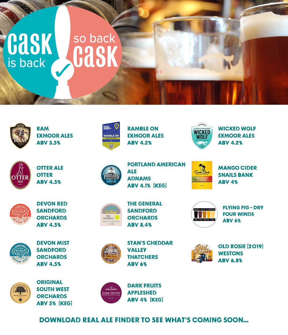 On the bar today!
Beer Board: bit.ly/2ANIsjr
#CaskIsBack @exmoorales @otterbrewery @Adnams @Snailsbankcider @sandfordorchard  @thatchers_cider @sworchards @appleshedcider 
#RealAleFinder