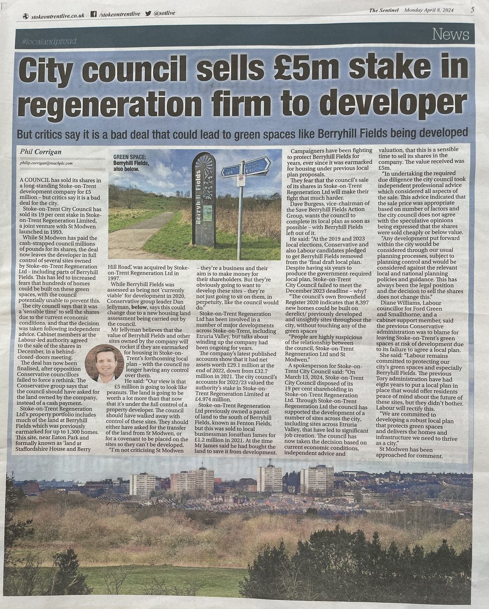Dave Burgess 🇬🇧 🏴 🍃💚🍃 (@burge2u) on Twitter photo “The Sentinel” Monday 8th April 2024
<a href="/SoTCityCouncil/">Stoke-on-Trent CC</a>
where is the “LocalPlan” ?
#SaveOurGreenspace
“Lungs of the City”
#BrownfieldFirst
<a href="/sbhfag/">Save Berryhill Fields Action Group</a> <a href="/Team4Nature/">Team4Nature</a> <a href="/StaffsWildlife/">StaffsWildlife 🦔🍄🦇</a>
<a href="/WildStoke/">Wild Stoke & Newcastle from Staffs Wildlife Trust</a> <a href="/WMBirdClub/">W Midland Bird Club</a> <a href="/RSPBEngland/">RSPB England</a> <a href="/ChrisGPackham/">Chris Packham</a>
<a href="/MarkAvery/">Mark Avery</a> “The Sentinel” Monday 8th April 2024
<a href="/SoTCityCouncil/">Stoke-on-Trent CC</a>
where is the “LocalPlan” ?
#SaveOurGreenspace
“Lungs of the City”
#BrownfieldFirst
<a href="/sbhfag/">Save Berryhill Fields Action Group</a> <a href="/Team4Nature/">Team4Nature</a> <a href="/StaffsWildlife/">StaffsWildlife 🦔🍄🦇</a>
<a href="/WildStoke/">Wild Stoke & Newcastle from Staffs Wildlife Trust</a> <a href="/WMBirdClub/">W Midland Bird Club</a> <a href="/RSPBEngland/">RSPB England</a> <a href="/ChrisGPackham/">Chris Packham</a>
<a href="/MarkAvery/">Mark Avery</a>