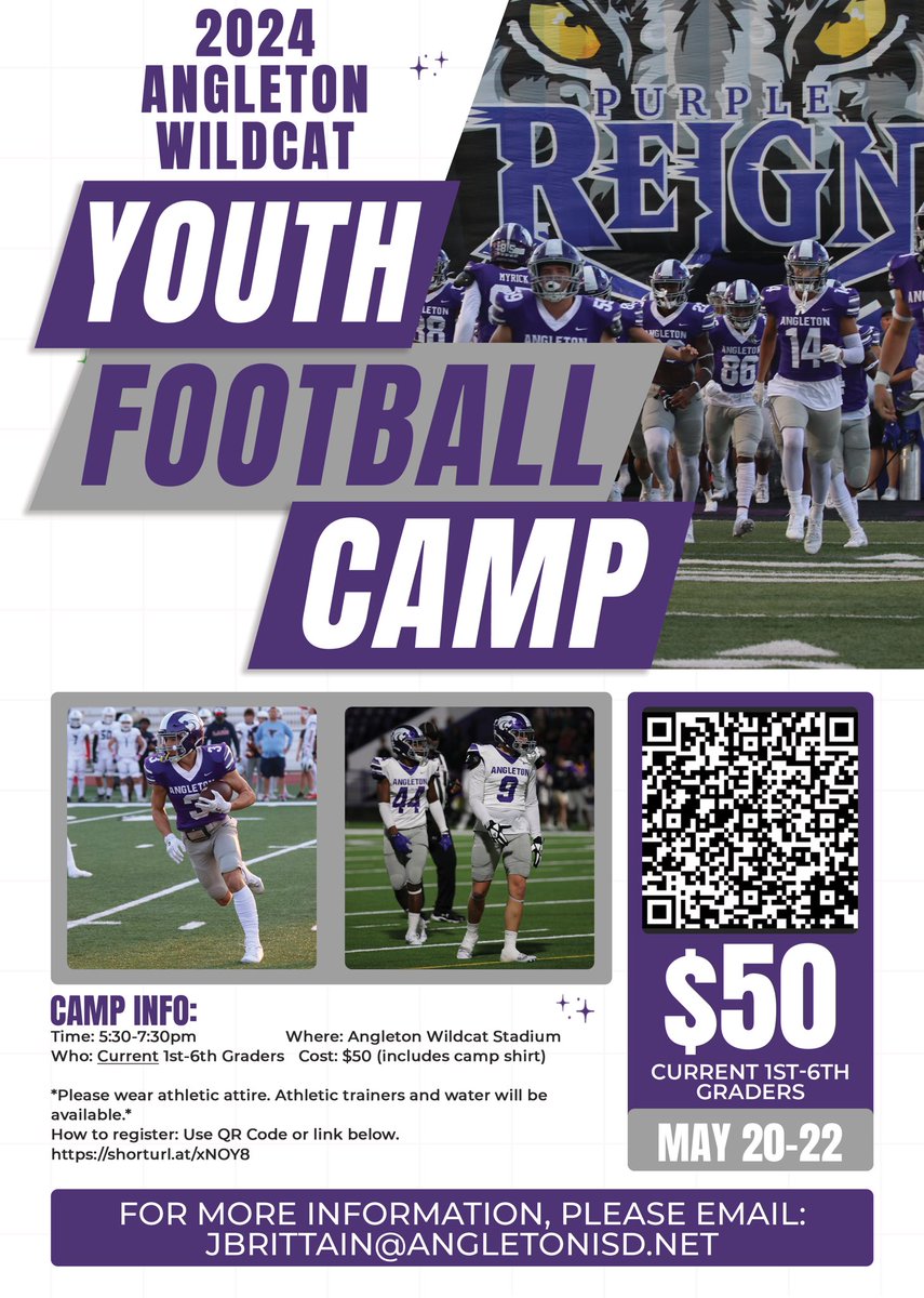 Angleton Youth Football Camp registration is now open. Hope to see all current 1st-6th grade Wildcats on May 20-22.