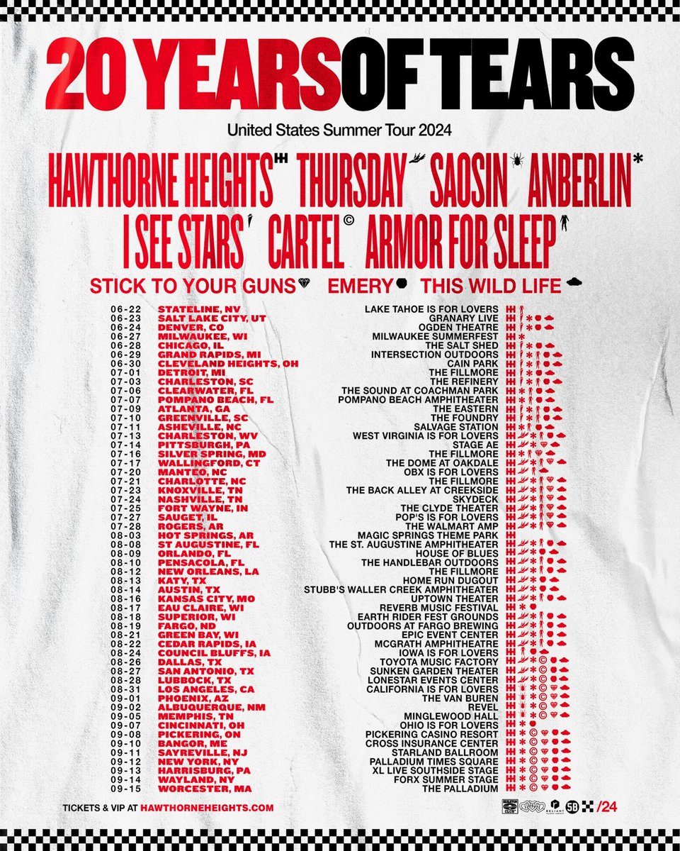 HawthorneHgts's tweet image. 20 YEARS OF TEARS 💧🖤  Join us this summer across the US as we celebrate the 20th Anniversary of our debut album “The Silence In Black And White” with some of the biggest names of the MySpace Generation.
 
Tickets on sale this Friday April 19th at 10am local