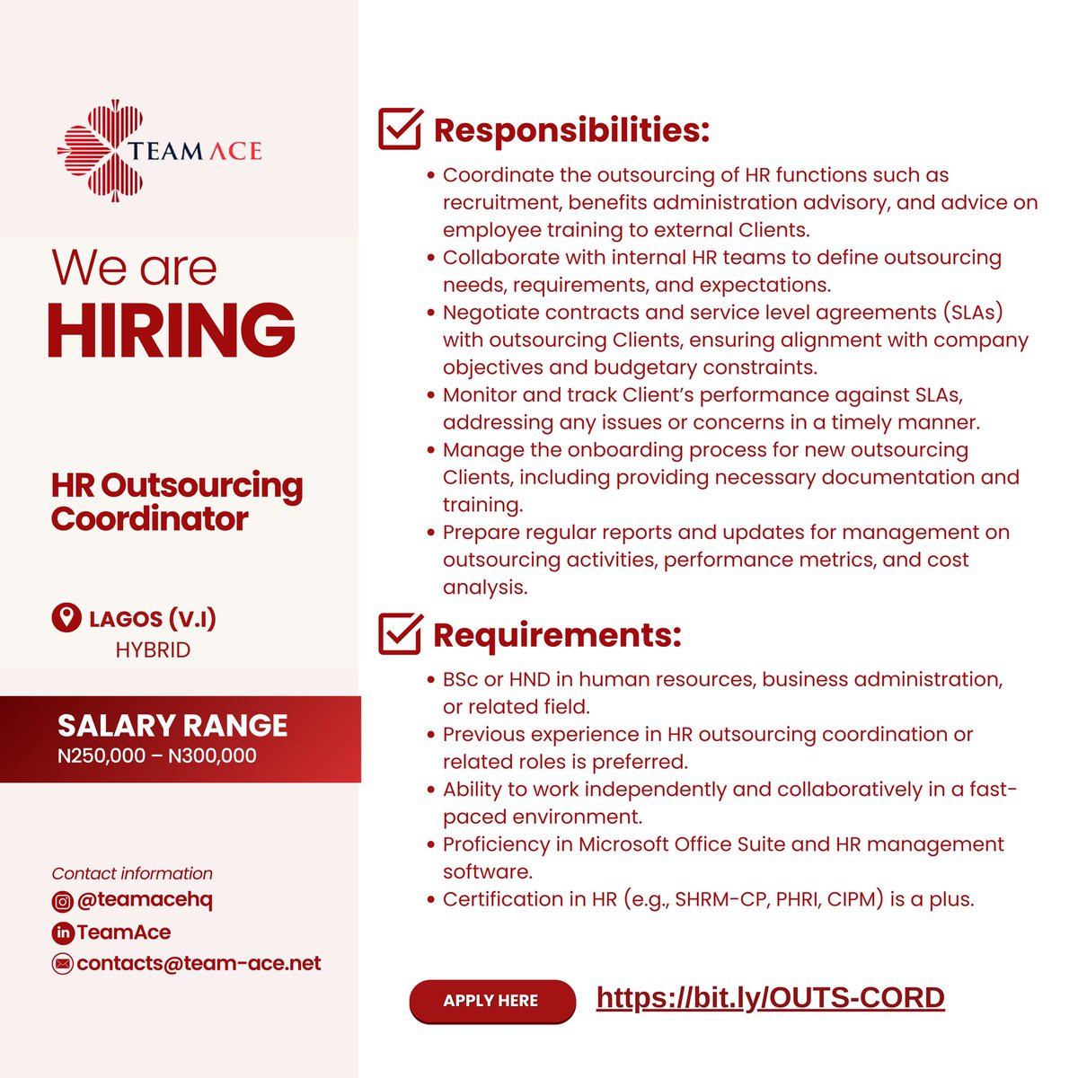 Job Opening!

See flier for details. 

Qualified and interested?
Apply here👇🏽
bit.ly/OUTS-CORD

#jobopening #jobopportunity #hrjobs #recruiting #jonsinlagos #jobsinnigeria #hiringnow #teamace