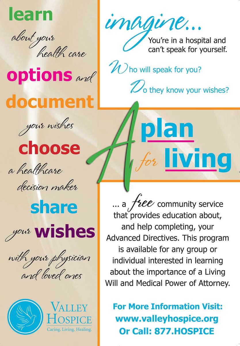 Today is National Healthcare Decisions Day (NHDD)! Valley Hospice is proud to offer 'A Plan for Living,' a FREE community service for any group or individual who would like to learn more about the importance Advance Directives. For more information, call us today!