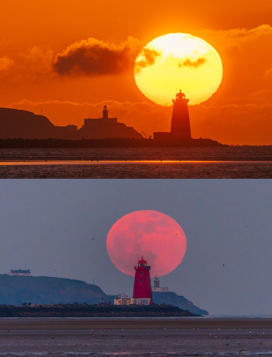 Not quite the exact same but the same composition with the sun (this morning) and moon (24 February) at Poolbeg and Baily Lighthouses.