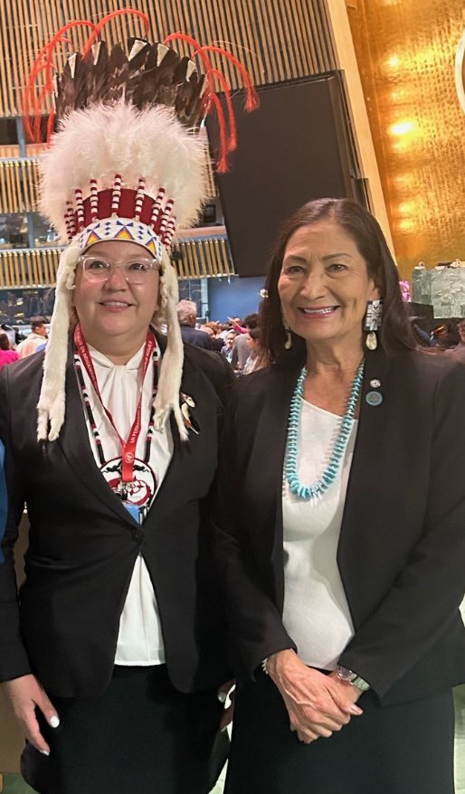 chiefcindyafn's tweet photo. It was nice to meet U.S. Secretary of the Interior @SecDebHaaland, one of two first Native American women elected to the U.S. Congress and first Native American female federal cabinet minister. #UNFPII #UNFPII2024 https://t.co/MZuRbZN4Qz