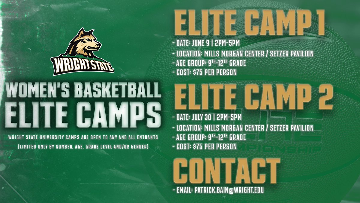 🚨 Women's Basketball Elite Camps 🚨

Come get better with the Raiders at our Elite Camps this summer! Register today by clicking the link ⬇️

🏀 bit.ly/WSUWBBCamps