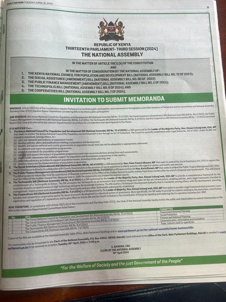 Invitation to submit Memoranda on the Kenya National Council for Population and development bill.