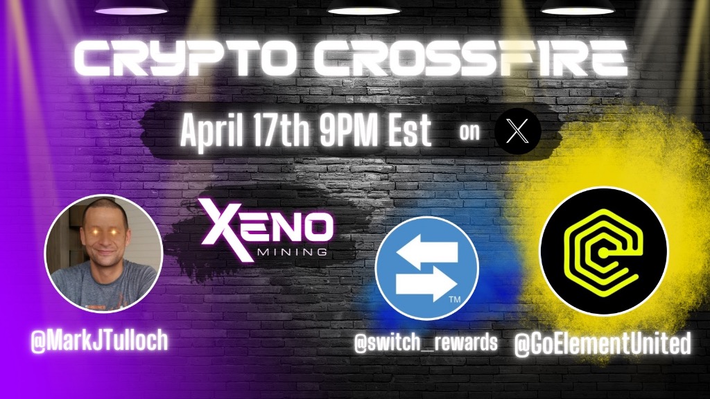 Join the Crypto Crossfire on X tomorrow, April 17th at 9PM EST to hear from leadership at Switch Reward Card and Element United! ➡️ twitter.com/i/spaces/1DXxy… @XenoMining