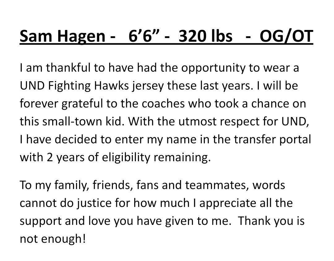 SamHagen8's tweet photo. Thank you University of North Dakota!
I have entered the transfer portal with 2 years of eligibility remaining https://t.co/nGvV6Z6oVf