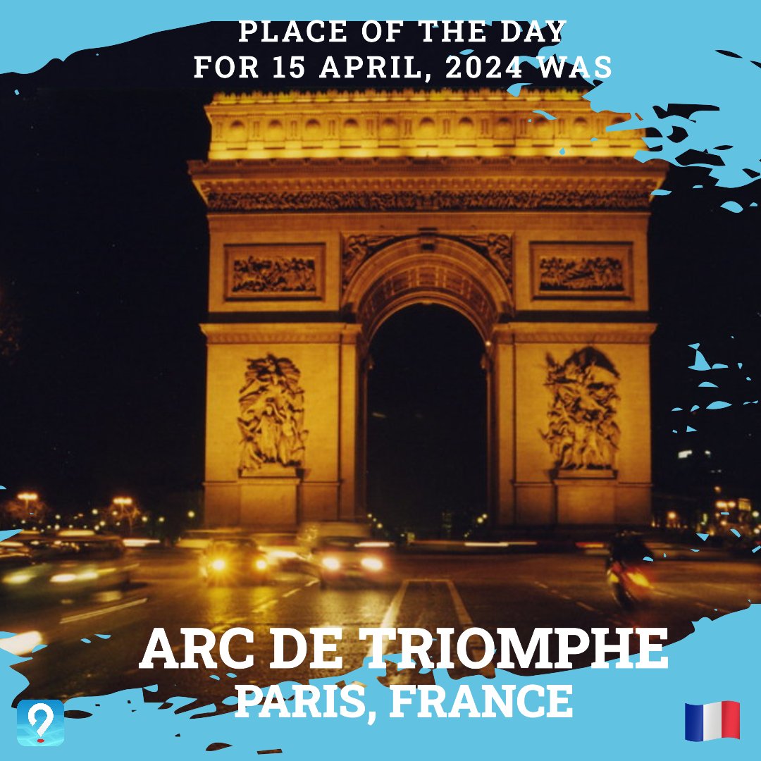 The correct answer for Place of the Day (15 April, 2024) was: Arc de Triomphe

The Arc de Triomphe de l'Étoile is one of the most famous monuments in Paris, France, standing...(more)

app.bitwyze.org/pinpoint-where…

#discover #travel #Paris #France #ArcDeTriomphe #ChampsElysees