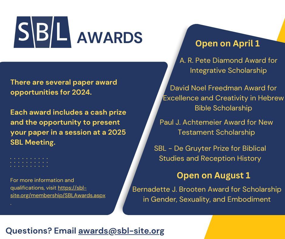 Several SBL paper awards are open for applications! Each award comprises a cash prize and the opportunity to present your paper at a 2025 meeting. Learn more here: buff.ly/2NWbCWJ.