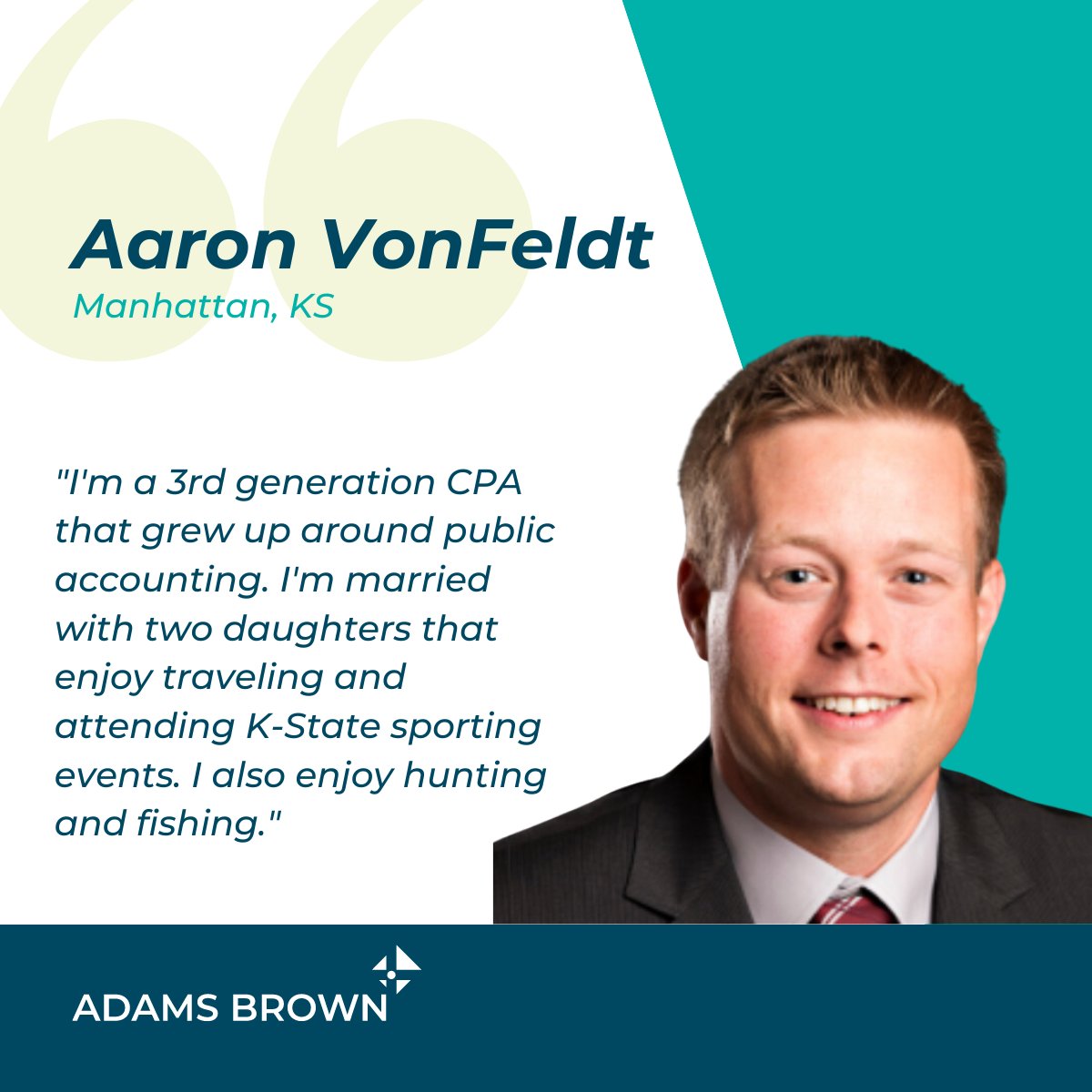Meet Aaron VonFeldt, principal in the Manhattan office! 

Aaron is a proud @KState graduate and a member of the @AICPA and the @KSCPANews. 

>> hubs.la/Q02sNZV60

#KState #KStateAlumni #AICPA #KSCPA #CPAs #KansasCPAs