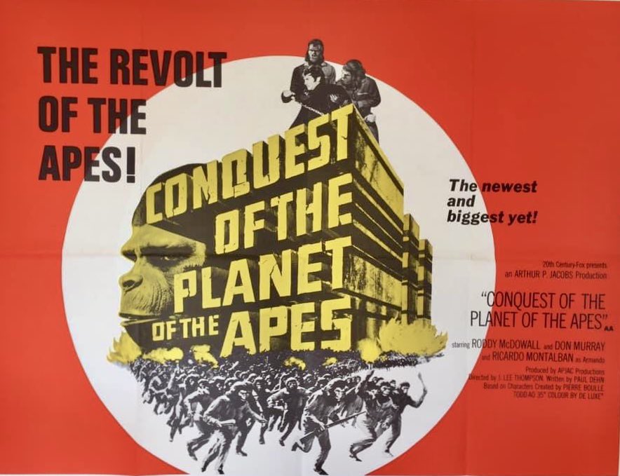 Now onto the fourth film Conquest of the Planet of the Apes it is a 1972 science fiction film directed by J. Lee Thompson and written by Paul Dehn. produced by Arthur P. Jacobs. The film stars Roddy McDowall, Don Murray and Ricardo Montalbán. #ConquestofthePlanetoftheApes