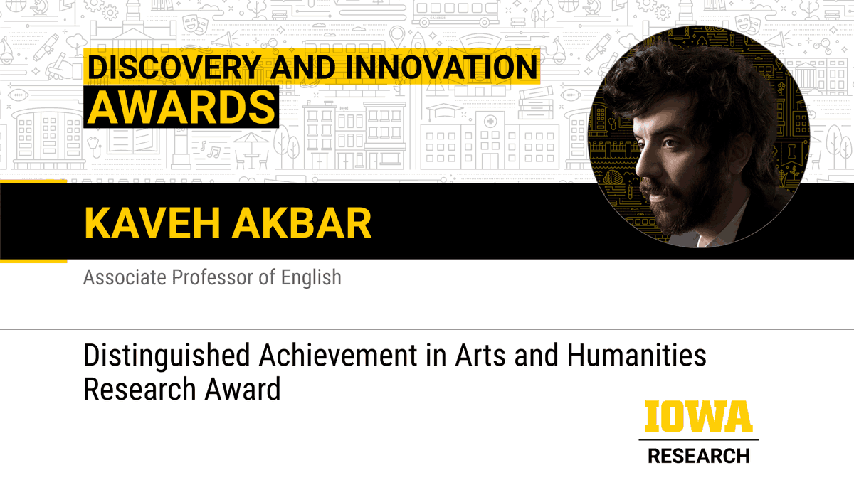 Kaveh Akbar, Assoc. Prof. in @IowaEnglish, received the 2024 Distinguished Achievement in Arts and Humanities Research Award. Akbar's new novel, Martyr!, was published to critical acclaim in January.