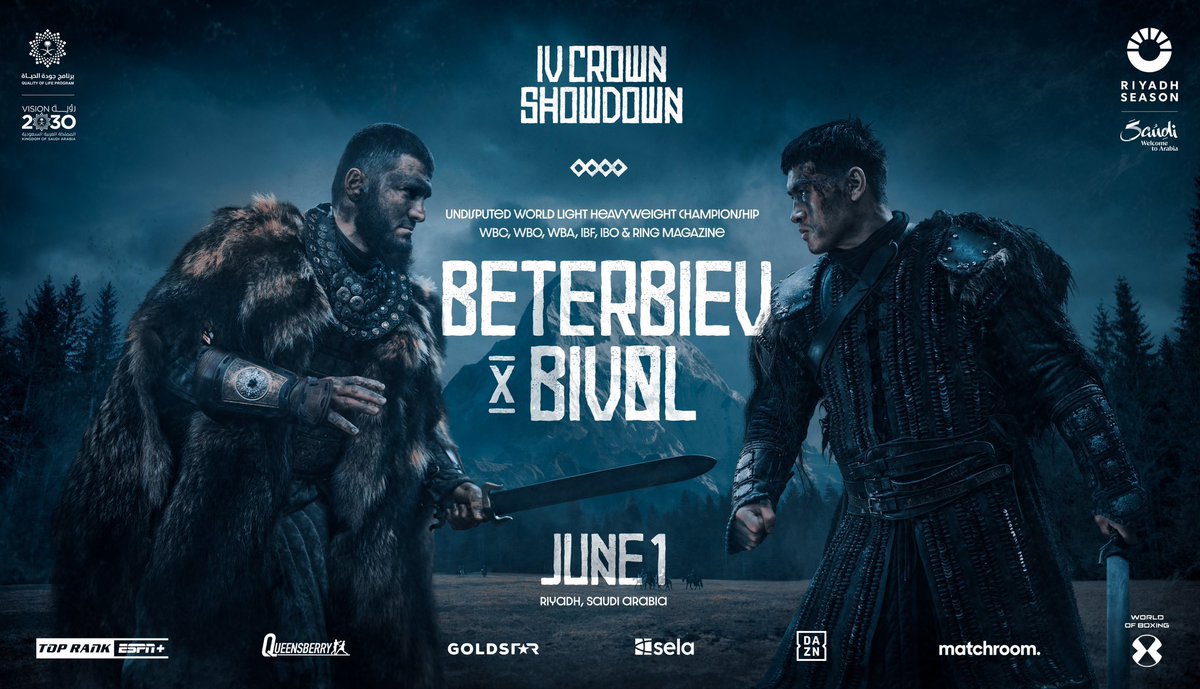 The official fight poster for Beterbiev vs Bivol on June 1st 📸 Who wins? Check out all of our interviews from the launch presser HERE 🔗 bit.ly/49G1mXz #BeterbievBivol | #5vs5 | #4CrownShowdown | #RiyadhSeason