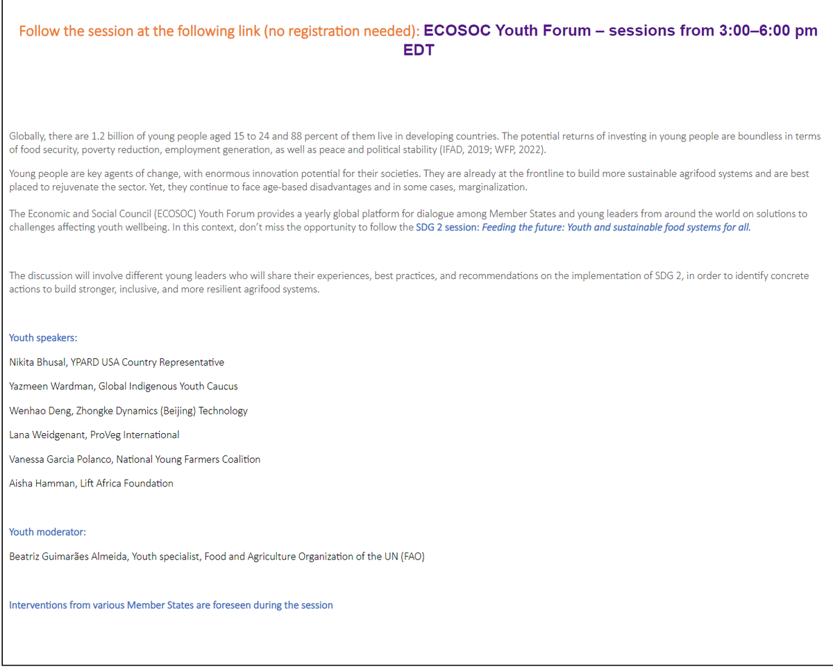bhusalnikita's tweet photo. Join @UNECOSOC  #Youth2030  - SDG 2 session - Feeding The Future: Youth and Sustainable Food Systems for All
17 April 2024, from 4:30 -6:00 PM
live at: https://t.co/I7AUbHkx5d
#GlobalGoals 🌎 https://t.co/0SgHp0dxoT