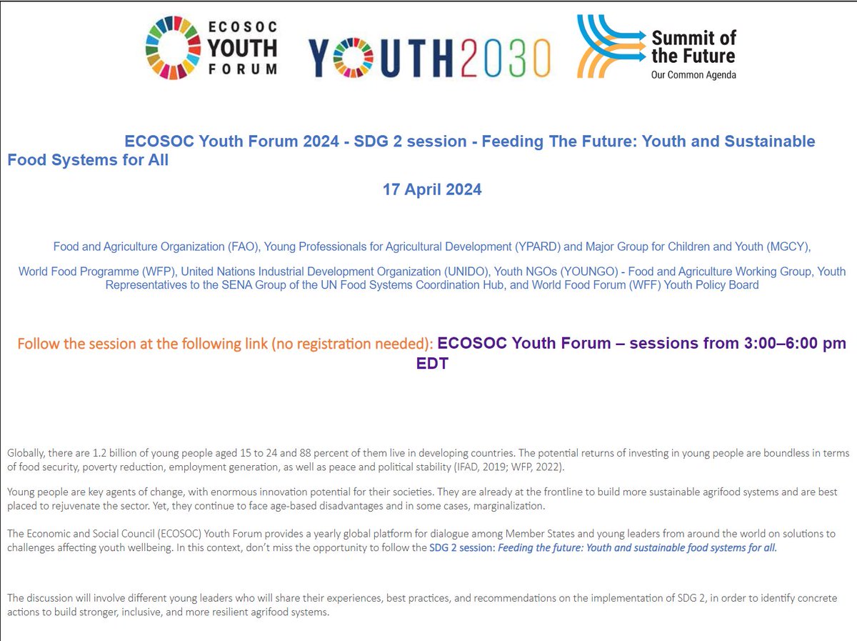 bhusalnikita's tweet photo. Join @UNECOSOC  #Youth2030  - SDG 2 session - Feeding The Future: Youth and Sustainable Food Systems for All
17 April 2024, from 4:30 -6:00 PM
live at: https://t.co/I7AUbHkx5d
#GlobalGoals 🌎 https://t.co/0SgHp0dxoT