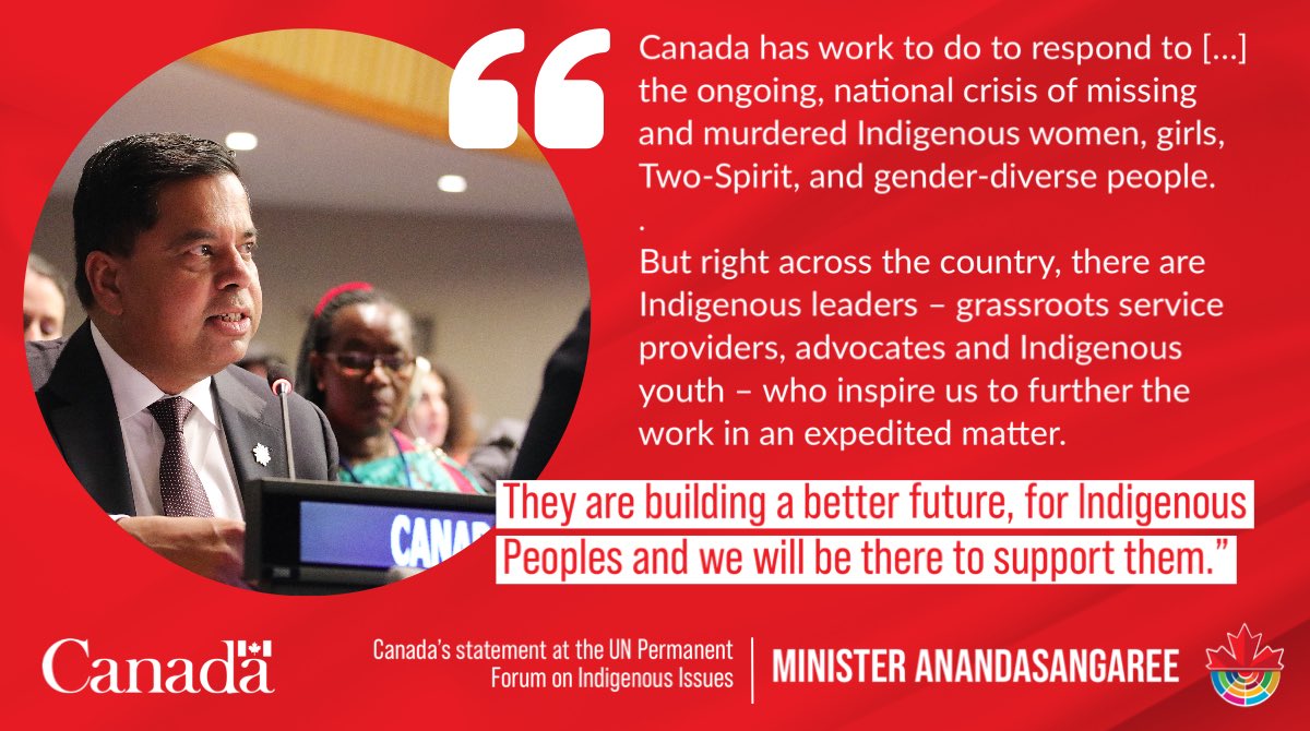 Yesterday, Minister of Crown-Indigenous Relations and Northern Affairs Canada, Gary Anadasangaree, delivered Canada’s statement at the 23rd UN Permanent Forum on #Indigenous Issues. 

#UNPFII #WeAreIndigenous