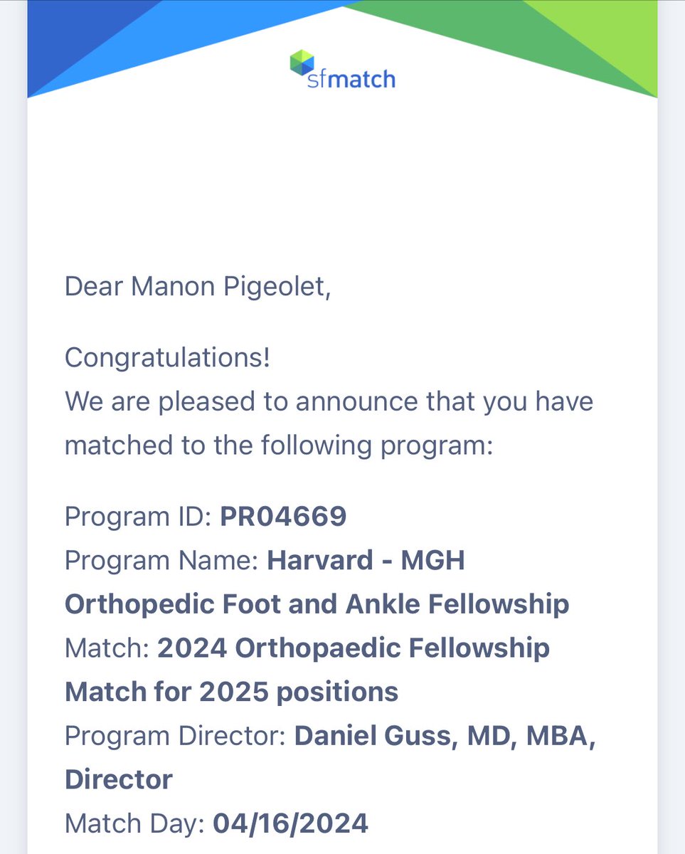 Looks like I’ll be sticking around Boston for a little while longer ❤️ Excited to be joining the ⁦@MassGenBrigham⁩ foot and ankle team next year!
#Match2024