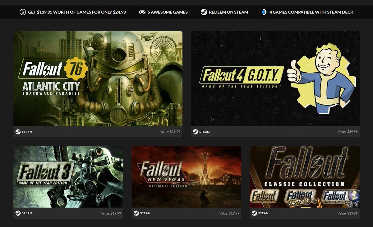 Fallout Franchise Bundle is $22.49 on Fanatical w/ code OMEN10 bit.ly/2GpEbG0 #ad -Fallout -Fallout 2 -Fallout Tactics: Brotherhood of Steel -Fallout 3 Game of the Year Edition -Fallout 4 Game of the Year Edition -Fallout New Vegas Ultimate Edition -Fallout 76