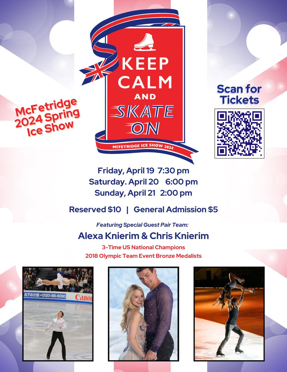 This weekend join us for the McFetridge Ice Show: Keep Calm and Skate On ⛸️ Featuring special guest pair team @alexa_knierim & @ChrisKnierim: 3-Time US National Champions, 2018 Olympic Team Event Bronze Medalists! Tickets can be purchased here: search.seatyourself.biz/webstore/accou…