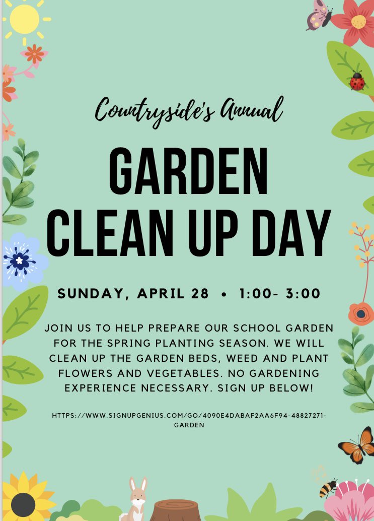 We are hosting a Garden Clean Up Day on April 28 to prepare the learning garden for spring planting. If you’d like to join us, you can sign up using the link in the weekly PTO newsletter (email)